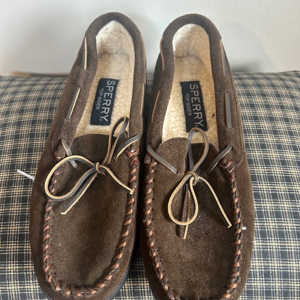 Sperry‎ Moccasin Slippers Women 10 Brown Leather Faux Fur Lined WSM1002